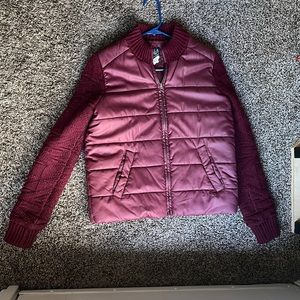 Billabong maroon puffer jacket with knit arm and neck detailing